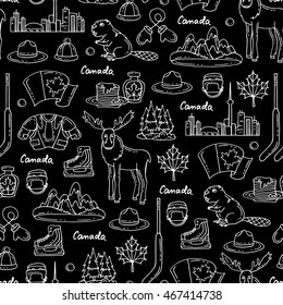 Vector seamless pattern on the theme of Canada. Pattern with symbols of Canada on black color. Background for use in design, web site, packing, textile, fabric