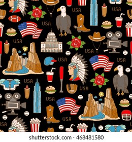 Vector seamless pattern on the theme of USA. Pattern with colored symbols of United States of America on black color. Background for use in design