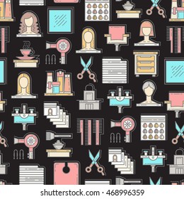 Vector seamless pattern on the theme of fashion and beauty. Pattern with colored and isolated symbols of hair salon on black color. Background for use in design, web site, packing, textile, fabric
