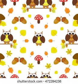 Vector seamless pattern on the theme of nature. Owls sitting on the branches of the oak. Among autumn foliage, acorns and mushrooms.
