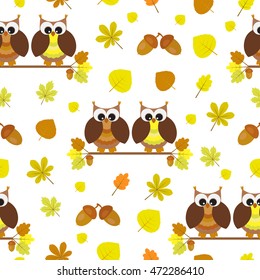 Vector seamless pattern on the theme of nature. Owls sitting on branches among autumn leaves and acorns.