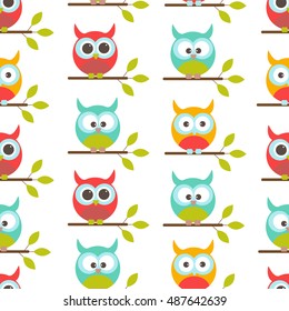 Vector seamless pattern on the theme of nature. Owl bird sitting on the branches.