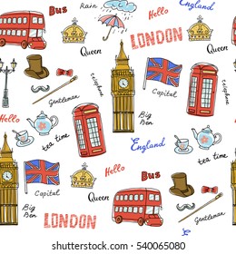 Vector seamless pattern on the theme of United Kingdom. Pattern with isolated symbols of England.Hand-drawn sketch with crown,Big Ben, red bus,flag,pot, words:London,England,rain,capital,Queen,hello
