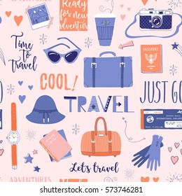 Vector seamless pattern on the theme of travel, vacation, adventure. Retro 50's style. Handdrawn lettering. Suitcase, camera, clothes and other stuff. Doodles.