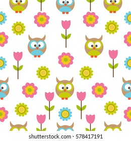 Vector seamless pattern on the theme of birds. Cute owls among the flowers.