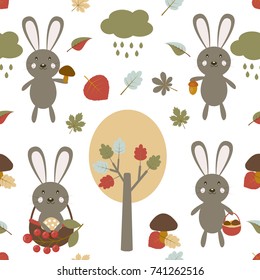 Vector seamless pattern on the theme of autumn nature and animals. Cute bunnies on a background of autumn leaves, trees and mushrooms.