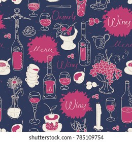 Vector seamless pattern on the theme of wine with tableware and fruit. Set of contour drawings with pink spots and splashes in retro style