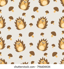 Vector seamless pattern on the theme of animals and nature. Cute hedgehogs with mushrooms.