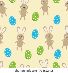 Vector seamless pattern on the theme of the celebration of Easter. Cute bunnies with colorful traditional eggs.