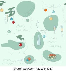 Vector seamless pattern on the topic of winter holidays. Christmas toys, Chapman glasses, oranges and Christmas tree branches. For printing on the wrapper, fabric, for the background, etc.