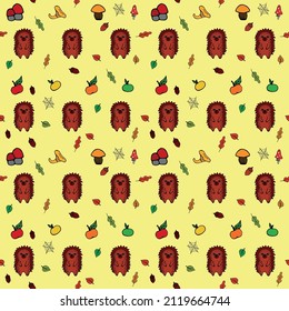 Vector seamless pattern on a transparent background hedgehogs, colorful leaves, mushrooms and apples. Hand drawn.