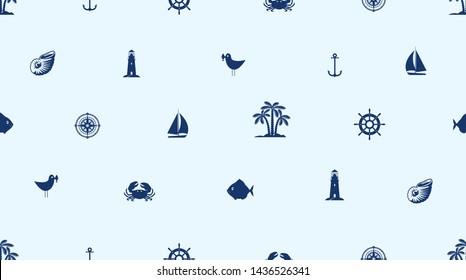 Vector seamless pattern on the travel theme with cute sea objects, anchor, sailboat, lighthouse, crab, fish, seagull, palm, seashell. Dark blue elements of marine design on the light blue background