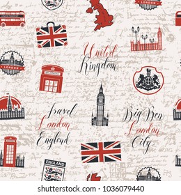 Vector seamless pattern on UK and London theme with inscriptions, British symbols, landmarks and flag in retro style on the background of old manuscript. Can be used as wallpaper or wrapping paper