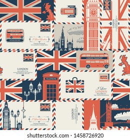 Vector seamless pattern on UK and London theme with envelopes, British symbols, architectural landmarks and flag of the United Kingdom in retro style. Suitable for wallpaper, wrapping paper, fabric