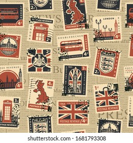 Vector seamless pattern on UK and London theme with postage stamps and postmarks on the background of newspaper in retro style. Suitable for wallpaper, wrapping paper or fabric