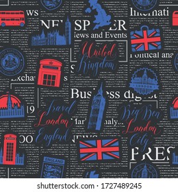 Vector seamless pattern on UK and London theme with inscriptions, British symbols, landmarks and flag on the background of black magazine page. Suitable for wallpaper, wrapping paper or fabric