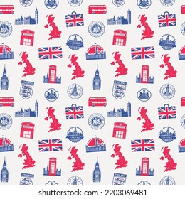 Vector seamless pattern on UK and London theme with British symbols, attractions and flag of United Kingdom. Suitable for background, wallpaper, wrapping paper, fabric, textile