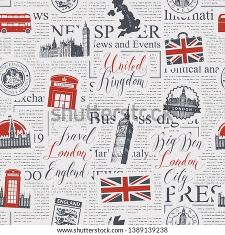 Vector seamless pattern on UK and London theme with inscriptions, British symbols, landmarks and flag in retro style on the background of news paper. Can be used as wallpaper, wrapping paper or fabric