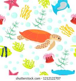Vector seamless pattern on underwater theme. Underwater animals and plants.