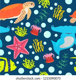 Vector seamless pattern on underwater theme on dark blue background. Underwater animals and plants. Sea turtle, fish hammer, fish, anemones, starfish, corals, seaweed, bubbles.