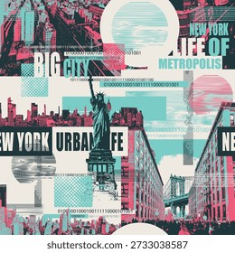 Vector seamless pattern on urban and street art theme with Statue of Liberty, Manhattan Bridge in New York city, city buildings in grunge style. Wallpaper, fabric, t-shirt design, travel postcard