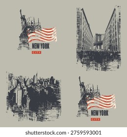 Vector seamless pattern on urban and street art theme with Statue of Liberty, Manhattan Bridge in New York, city buildings and american flag in grunge style. Wallpaper, fabric, t-shirt design, travel postcard.