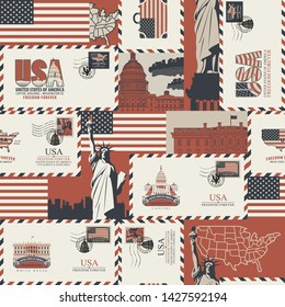 Vector seamless pattern on USA theme with envelopes, American symbols, architectural landmarks and flag of the United States in retro style. Can be used as wallpaper or wrapping paper