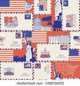 Vector seamless pattern on USA theme with envelopes and postcards, American symbols, architectural landmarks and flag of United States in retro style. Suitable for wallpaper, wrapping paper, fabric