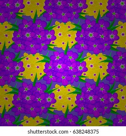Vector seamless pattern on a violet background. Beautiful watercolor primula flowers, bright painting inspired floral print.