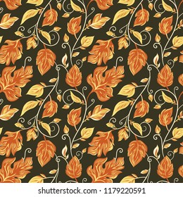 Vector seamless pattern on white with leaves and branch. Abstract background with floral elements. Natural design.