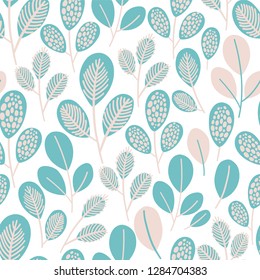 Vector seamless pattern on white with leaves and branch. Abstract background with floral elements. Natural design.