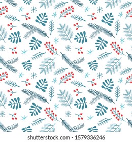 Vector seamless pattern on white with berries branches and Christmas tree branches