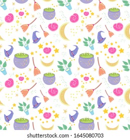Vector seamless pattern on a white background. Set of witches: moon, broom, pot of potion, catnip in a pot and stars. Feast of the Dead, Halloween. For printing wrapping paper, invitations, brochures.