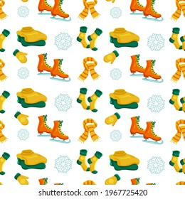 Vector seamless pattern on a white background with winter items and clothes. For design wallpaper, textile, wrapping paper, fabric, gift, print.