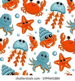 Vector seamless pattern on a white background. Marine life, jellyfish, octopus, shrimp, hermit crab, crab and starfish. For textiles and packaging.