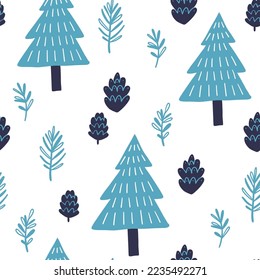 Vector seamless pattern on white isolated background. Fir trees in simple doodle style. Ideal for Christmas holidays cards, posters, banners and other graphic and web design