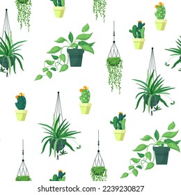 Vector seamless pattern on a white background. Indoor plants for a cozy home. Illustration in cartoon style.