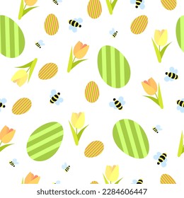 Vector seamless pattern on a white isolated background with tulips, bees and Easter eggs
