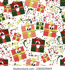 Vector seamless pattern on a white isolated background with beautiful merry boxes, Christmas tree branches, New Year toys, balls and stars