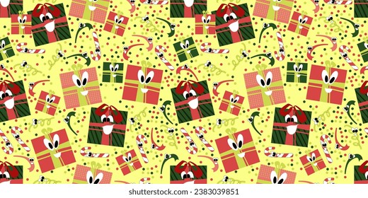 Vector seamless pattern on a white isolated background with beautiful merry boxes, Christmas tree branches, New Year toys, balls and stars