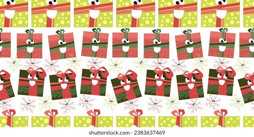 Vector seamless pattern on a white isolated background with beautiful merry boxes, Christmas tree branches, New Year toys, balls and stars