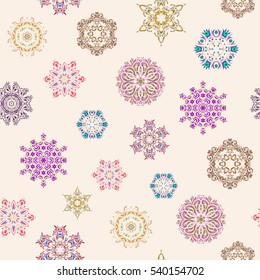 Vector seamless pattern on white background. Winter background with snowflakes and dots.