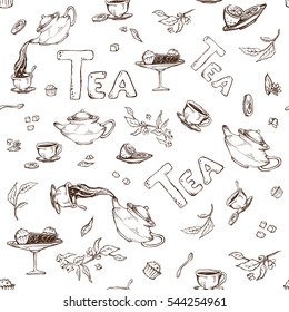 vector seamless pattern on a white background sketch of items for the tea ceremony. Teapot and cups, candy, a lemon, saucer
