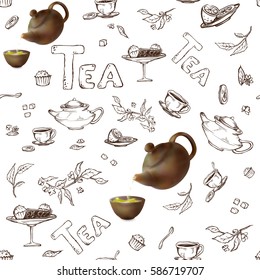 vector seamless pattern on a white background sketch of items for the tea party. 3d teapot and cups, candy, lemon, saucer.