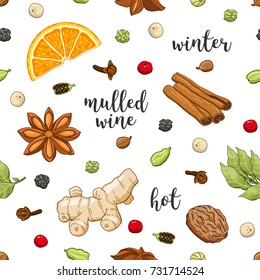 Vector seamless pattern on white background with glass of mulled wine, orange, cinnamon, cardamom, anise star, cloves, pepper, ginger, coriander and nut. Winter christmas colored illustration.