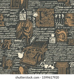 Vector seamless pattern on a writers theme. Abstract background with sketches and unreadable handwritten notes. Drawing chalk on the blackboard. Suitable for Wallpaper, wrapping paper, fabric