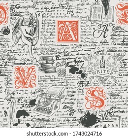 Vector seamless pattern on a writers theme. Abstract background with unreadable handwritten notes and hand-drawn initial letters, an angel, a typewriter. Suitable for wrapping paper, wallpaper, fabric