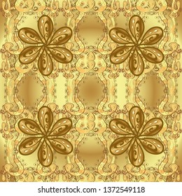 Vector seamless pattern on yellow and brown colors with golden elements. Damask seamless pattern for design.