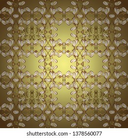 Vector. Seamless pattern on yellow colors with golden elements. Brilliant lace, stylized flowers, paisley. Openwork delicate golden pattern. Oriental style arabesques. Seamless golden texture curls.