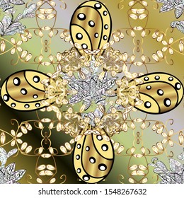 Vector. Seamless pattern on yellow colors with golden elements. Brilliant lace, stylized flowers, paisley. Openwork delicate golden pattern. Seamless golden texture curls. Oriental style arabesques.